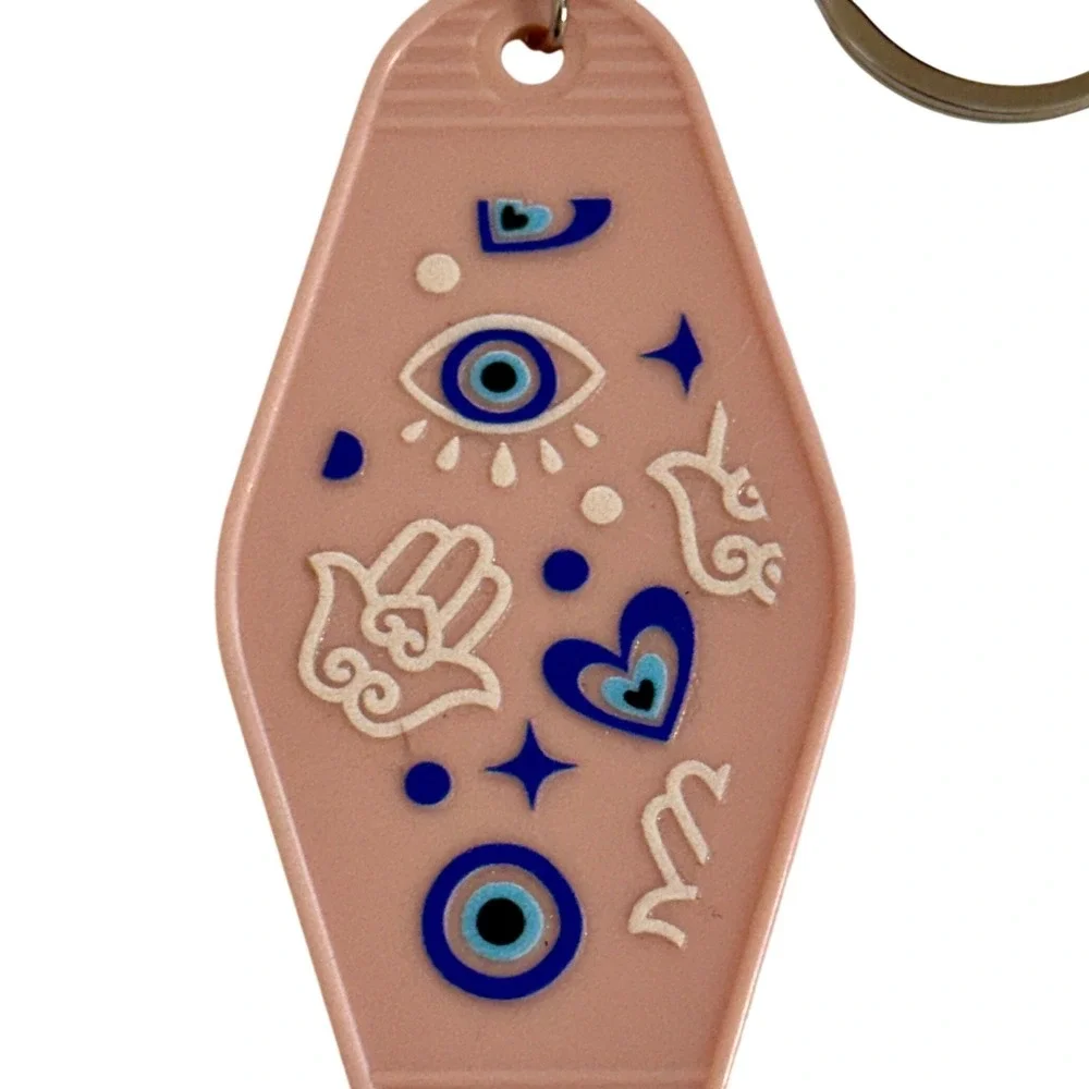 Handcrafted Evil Eye Hamsa Spiritual Motel Keychain Peach Pink Mystical Tag